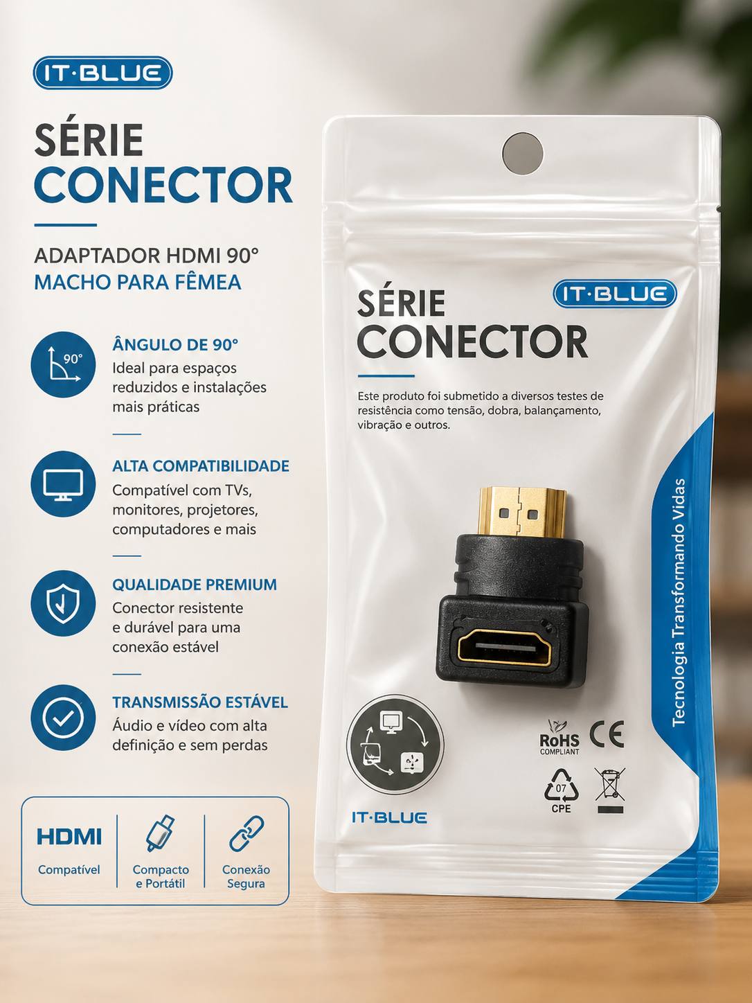 Adaptador HDMI 90° Macho para Fêmea IT-Blue