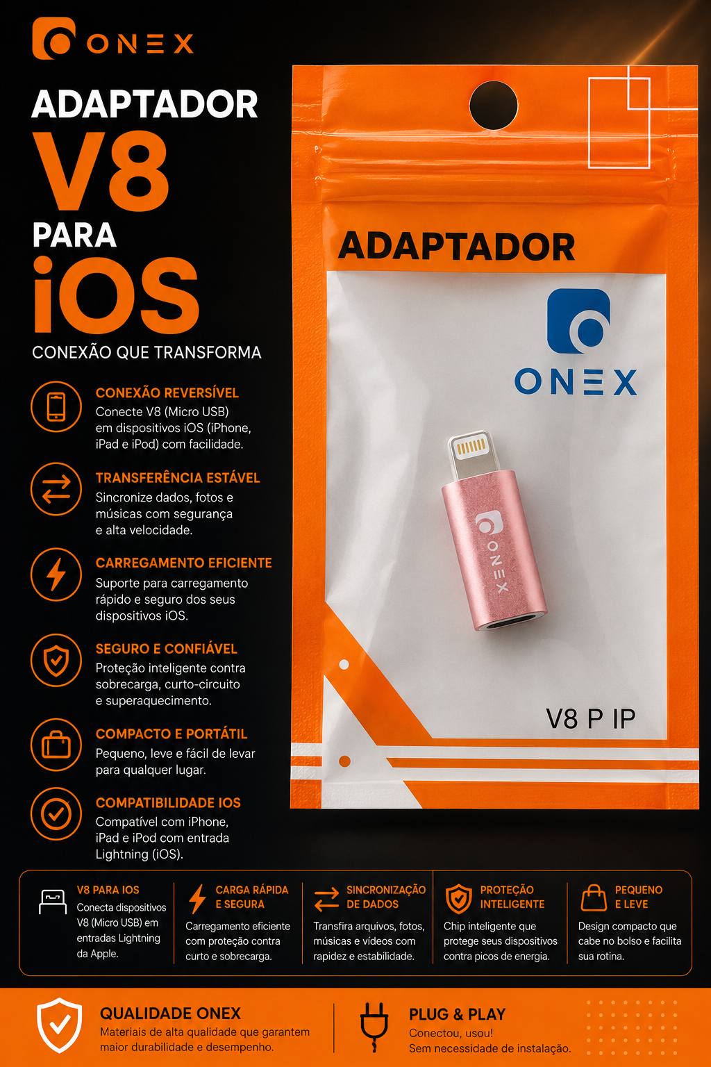 Adaptador V8 para iOS ONEX (Micro USB para Lightning)