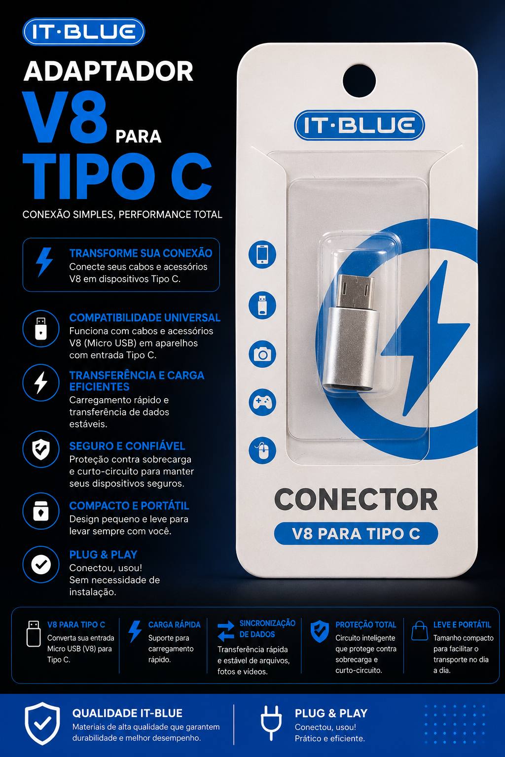 Adaptador V8 para Tipo C IT-BLUE (Micro USB para USB-C)
