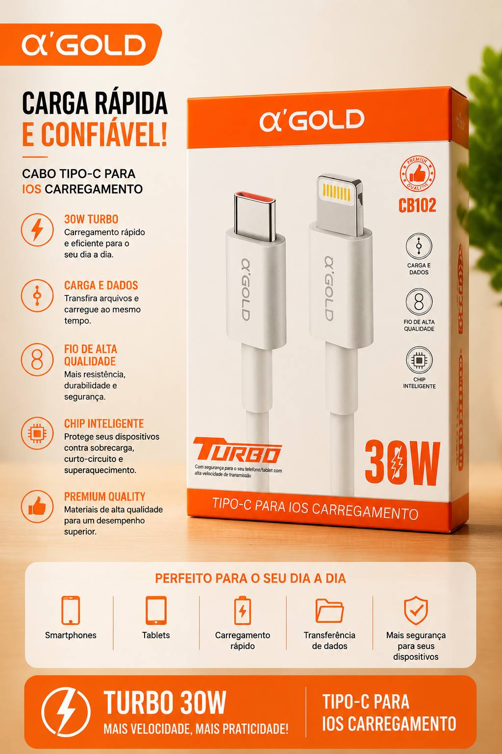 Cabo Turbo a'GOLD CB102 Tipo-C para iOS 30W 1m