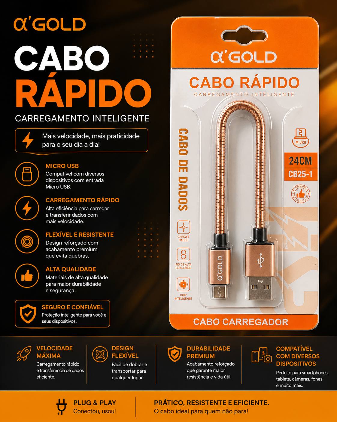 Cabo Rápido a'GOLD CB25-1 Micro USB 24cm