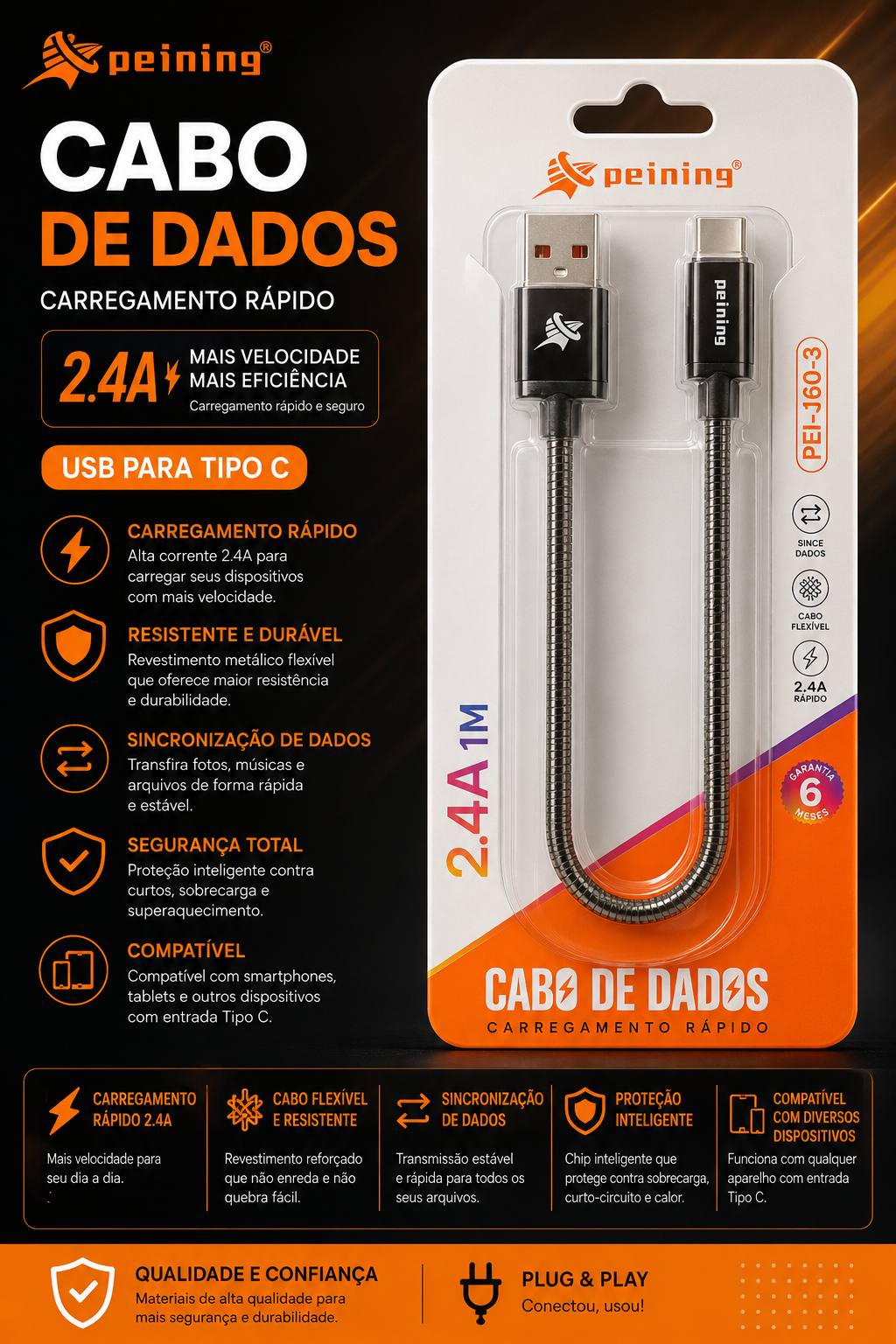 Cabo de Dados PEINING PEI-160-3 USB para Tipo C 2.4A 1m