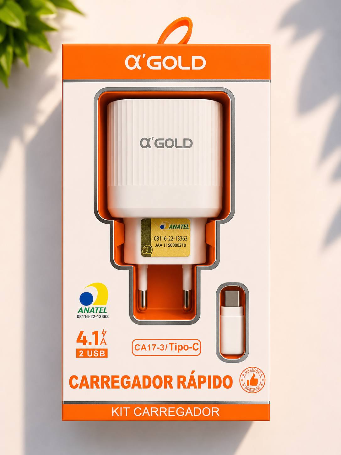 Carregador a'GOLD CA17-3 4.1A 2 USB + Cabo Tipo-C