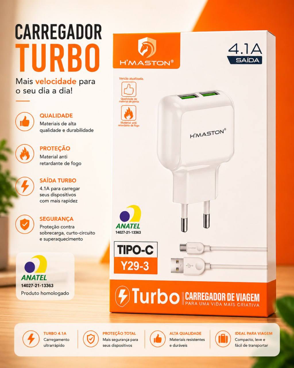Carregador Turbo H'Maston Y29-3 4.1A Tipo-C