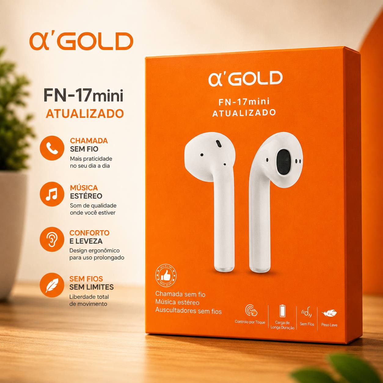 Fone TWS a'GOLD FN-17 Mini Atualizado Bluetooth