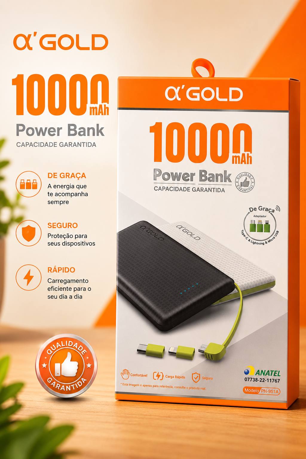 Power Bank a'GOLD PN-951A 10000mAh Capacidade Garantida